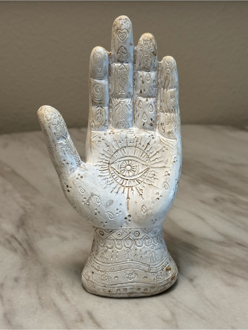 White Hand Figurine w/ Eye in Palm, Carved Mystical Decor, 7 in